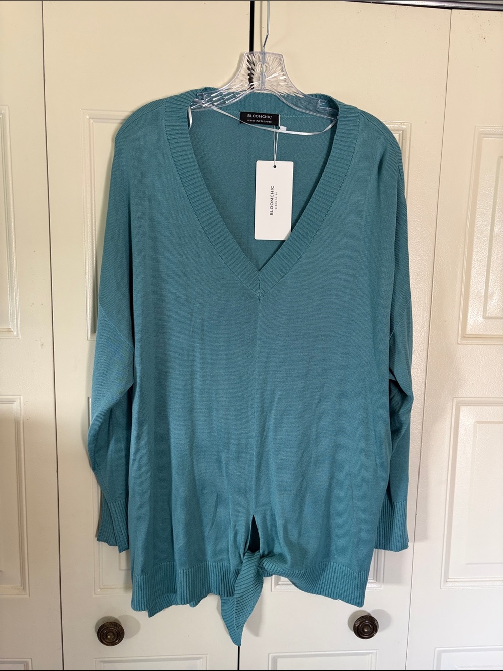 Preppy Minimalist Lightweight Sweater NWT V-Neck Bloomchic Seafoam Blue Relaxed
